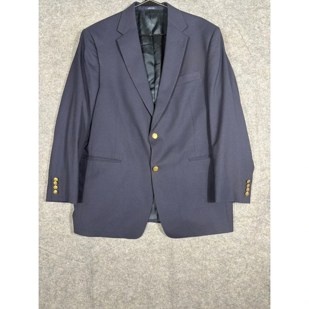 Hart Schaffner Marx‎ Navy Blazer Mens Gold Buttons Made USA Imported Fabric 44R